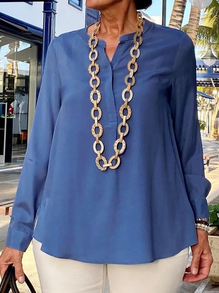 

Loosen V Neck Solid Casual Shirts & Tops, Blue, Tops