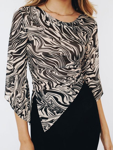 

Casual Crew Neck Abstract Three Quarter Top, Black, Tops