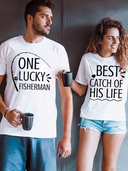 

One Lucky Fisherman & Best Catch Casual Couple T-Shirts, White, Matching Sets