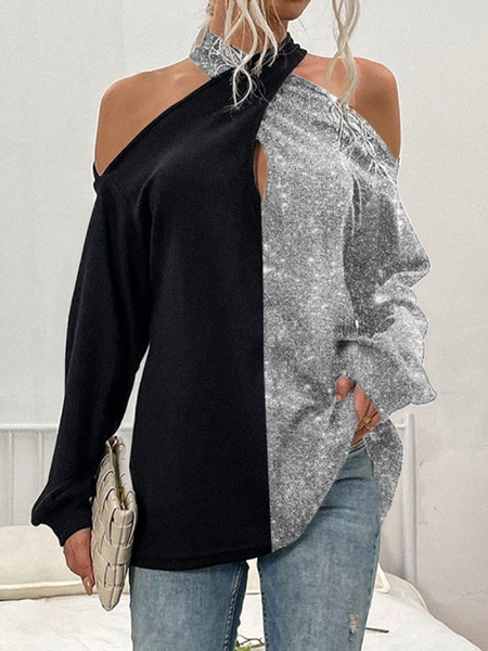 

Long sleeve hanging neck off shoulder plain color stitching shiny gorgeous fabric party top Plus Size Gliter Sequins, Black-silver, Shirts & Blouses