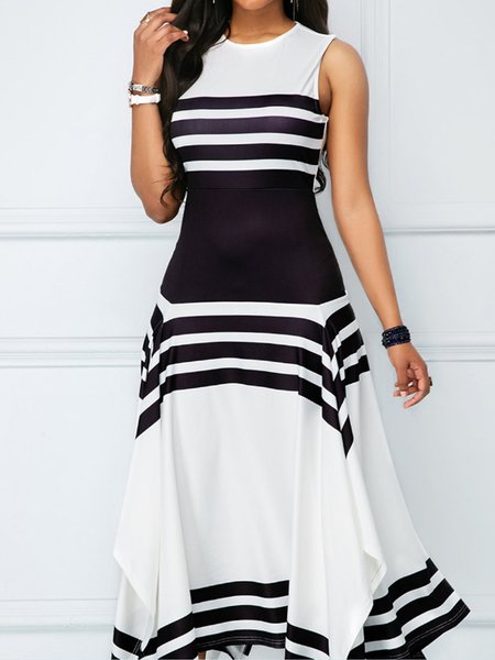 

Round neck sleeveless striped temperament stitching dress, White, Casual Dresses