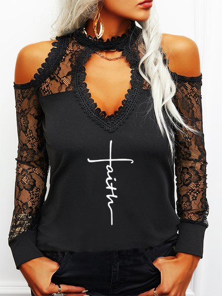 

Lace Letter Long Sleeve V Neck Casual Shirts & Tops, Black, T-Shirts