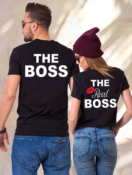 

The Boss & The Real Boss Back Print Casual Couple T-Shirts, Black, Couple T-shirts