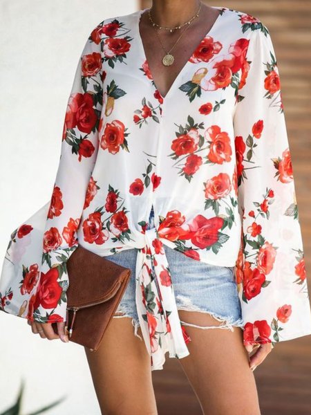 

Casual Long Sleeve V Neck Plus Size Printed Tops, Red, Tops