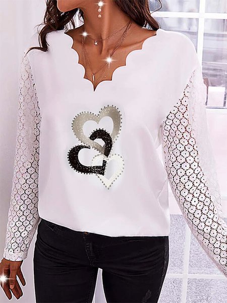 

Heart Lace Up V Neck Casual Shirts & Tops, White, Tops