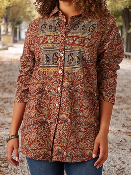 

Buttoned Shirt Collar Ethnic Boho Loosen Shirts & Tops, Flower, Blouses & Shirts