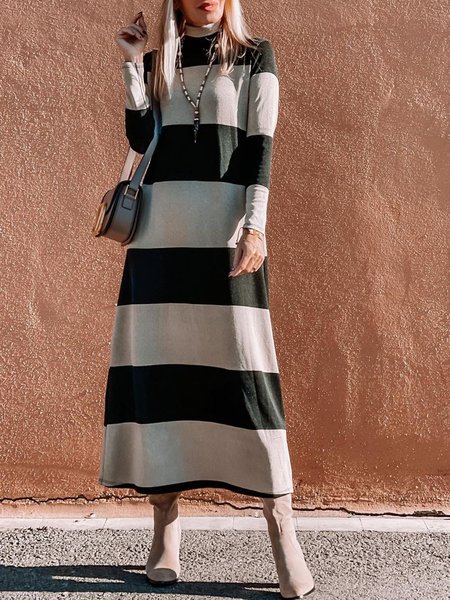

Striped High Neck Casual Daily Maxi Dresses, As picture, Maxi Dresses