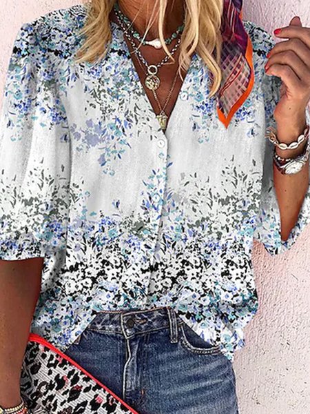 

V Neck Floral Elegant Shirts & Tops, Blue, Blouses & Shirts