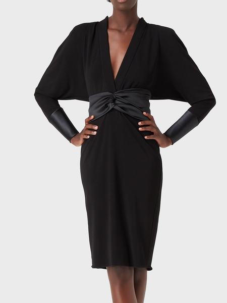 

V Neck Elegant Regular Fit Black Dress, Midi Dresses