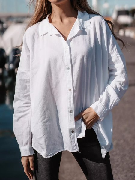 

Plain Long Sleeves Buttoned Plus Size Casual Cotton Shirt Tops, White, Blouses & Shirts