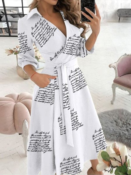 Casual V-neck Black and White Trend Letter Straight Tie Dress, Black-white, Casual Dresses