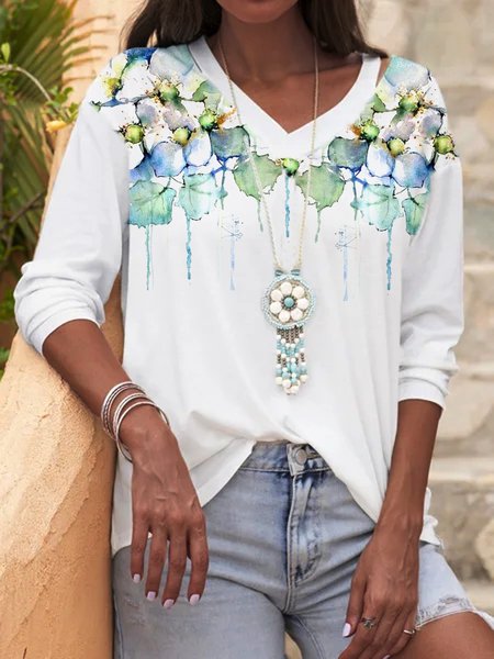 

Floral Cotton Blends V Neck Loosen Shirts & Tops, White, Tops