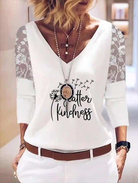 

Long Sleeve V Neck Plain Lace Shirts & Tops, White, T-Shirts