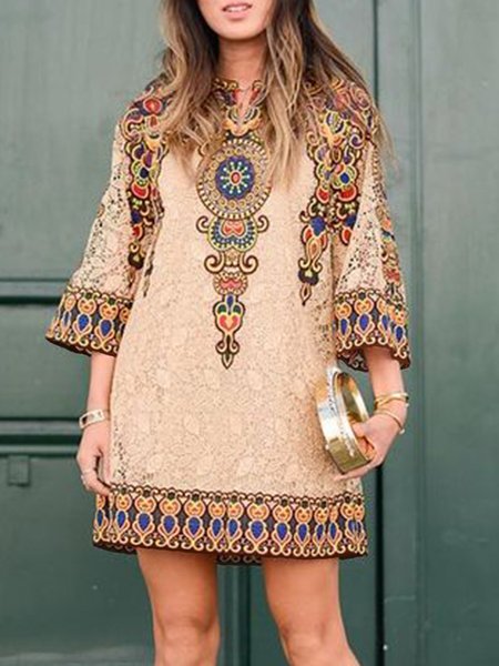 

Daily Three Quarter Loosen Ethnic Mini Dress, As picture, Mini Dresses