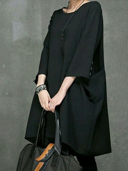 Plain Casual Crew Neck Mini Dress, Black, Mini Dresses