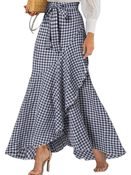 

Spring Elegant Grid Lightweight Zipper fly Non-Stretch Skirts, Blue, Maxi Skirts