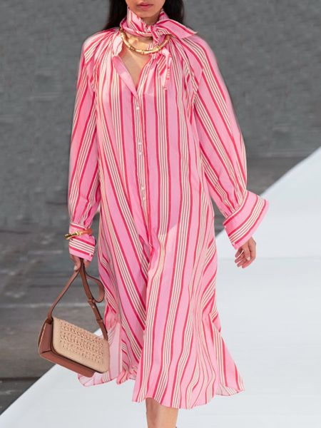 

Striped Romantic Long sleeve Straight Dress, Pink, Midi Dresses