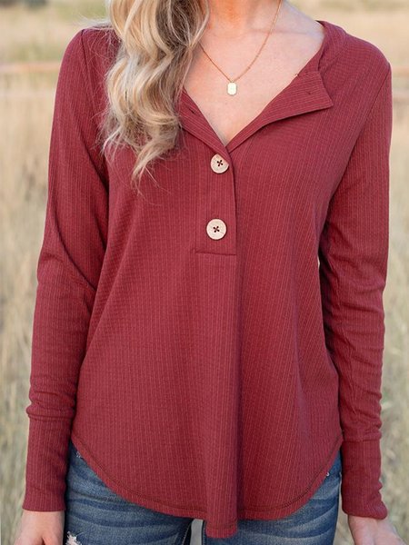 

Plain Long Sleeves Buttoned V Neck Plus Size Casual Tops, Red, Tops