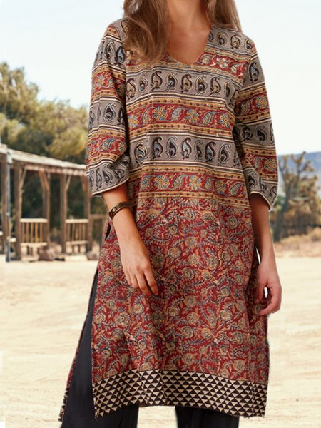

V Neck Cotton Blends Loosen Tribal Boho Dresses, Flower, Mini Dresses