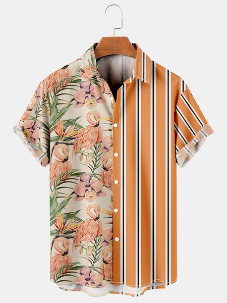 

Holiday Leisure Plant Elements Coconut Tree And Flamingo Pattern Hawaiian Style Printed Shirt Top, As picture, Men's Floral shirt