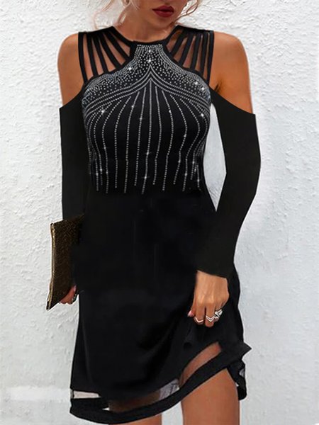 

Regular Fit Party Rhinestone Plain Dresses, Black, Casual Dresses