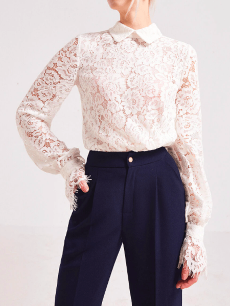 

Spring Elegant Lightweight Long sleeve Shirt Collar Long sleeve Tops, White, Blouses and Shirts