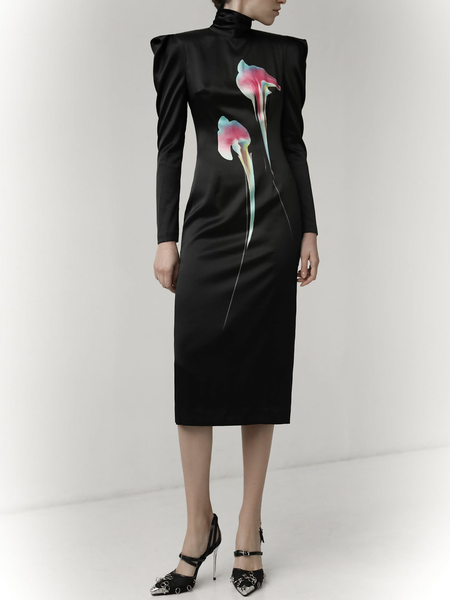 

High Neck Abstract Formal Elegant Dress, Black, Midi Dresses