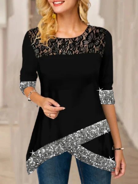 

Casual Long Sleeve Round Neck Plus Size Tops T-shirts, Black, T-Shirts