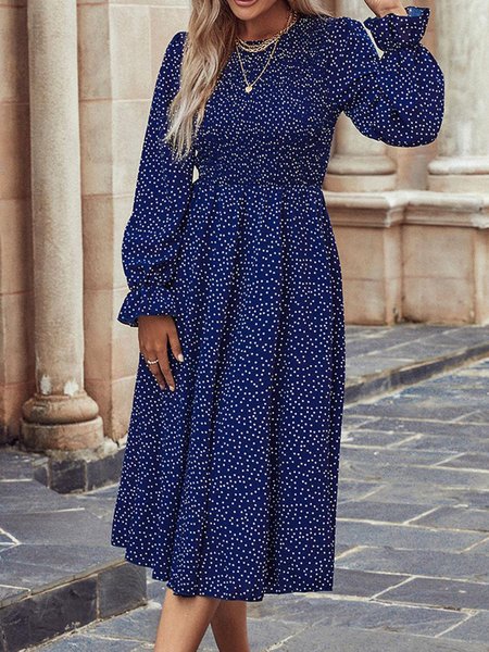 

Polka-dot Print Frill Sleeve Vacation Casual Round Neck Midi Dresses, Navy blue, Midi Dresses