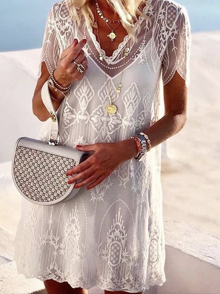 

V Neck Casual Loosen Dresses, White, Dresses