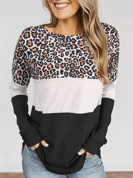 

Leopard Color Block Round Neck Loosen Shirts & Tops, As picture, Tops