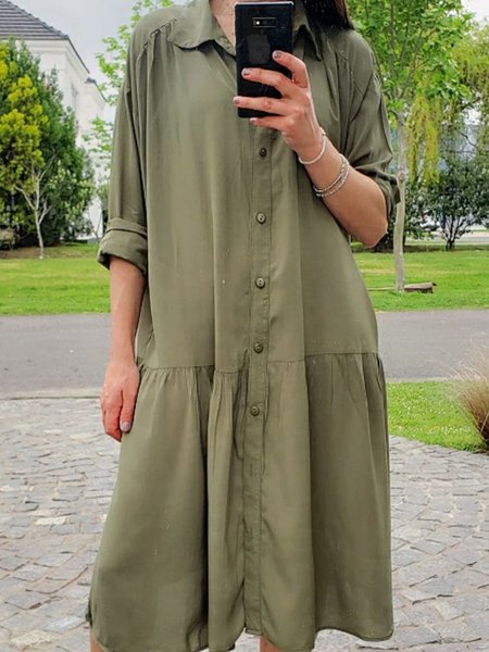 

Shirt Collar Casual Loosen Solid Dresses, Army green, Midi Dresses