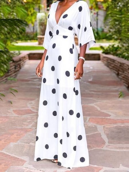 Lady Regular Fit Polka Dots V Neck Maxi Dress, Black-white, Maxi Dresses