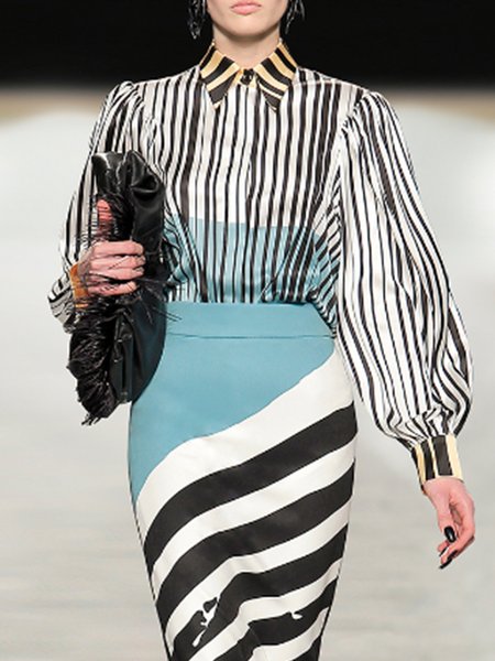 

Elegant Shirt Collar Striped Long Sleeve Top, Stripe, Blouses and Shirts