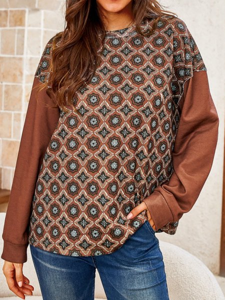

Geometric Boho Crew Neck Off Shoulder Cotton Blends Loosen Shirts & Tops, Flower, T-Shirts