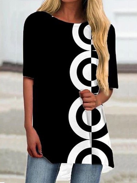 

Geometric Printed A-line Casual Short Sleeve Crew Neck T-shirt, Black, Tops