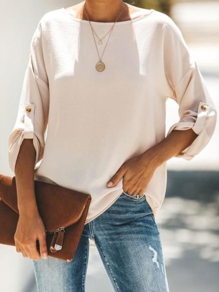 

Casual Long Sleeve Round Neck Plus Size Tops, Pink, Tops