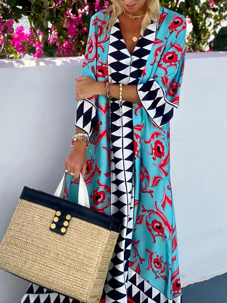 

Plus size Floral Boho V Neck Dresses, Blue, Maxi Dresses