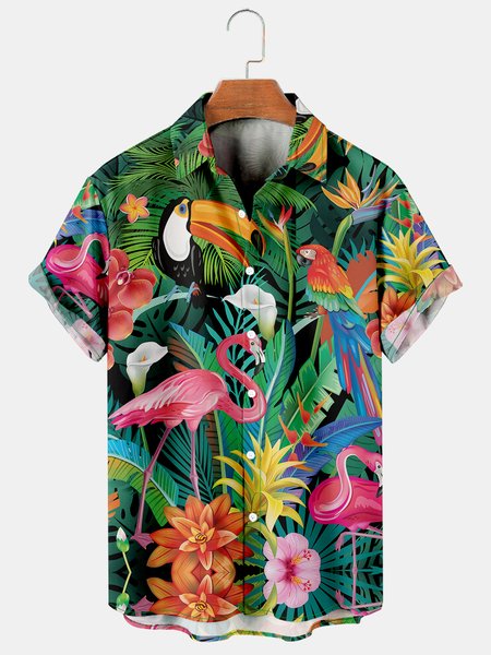 

Holiday Leisure Plant Elements Coconut Tree And Toucan Pattern Hawaiian Style Printed Shirt Top, Multicolor, Men's Floral shirt