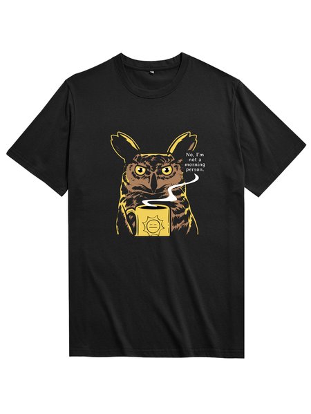 

Unocis Funny Owl Print Round Neck Short Sleeve T-Shirt, Black, T-shirts