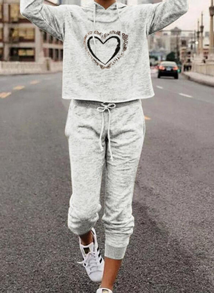 

Heart Print Sporty Casual Plus Size Sweatshirts & Two-Piece Outfits Set, Gray, Suit Set