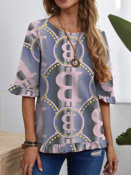 

Letter print ruffled hem round neck design ladies shirt, Multicolor, Tops