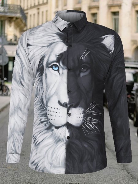 

Men's Lion Pattern Casual Long-sleeved Shirt, Color2, Blouses&Shirts