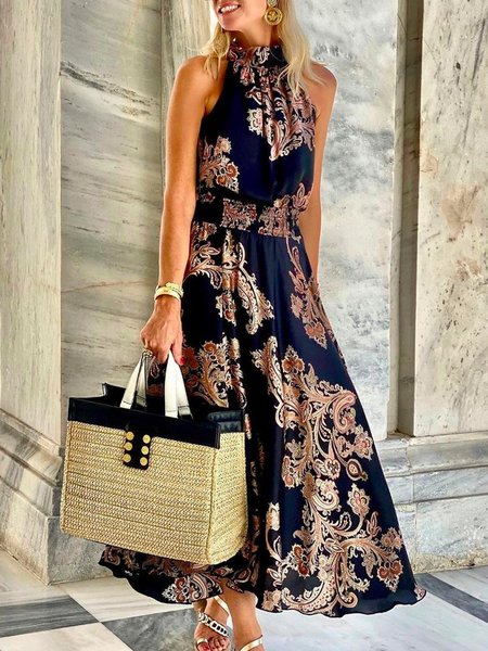 

Floral Boho Crew Neck Dresses, Purplish blue, Maxi Dresses