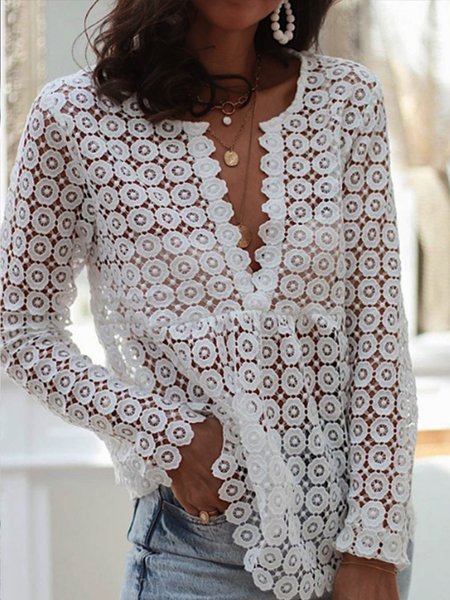 

Solid V Neck Eyelet Long Sleeve Top, White, Tops