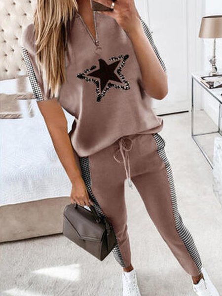 

V Neck Casual Color Block Regular Fit Suits, Multicolor, Suit Set