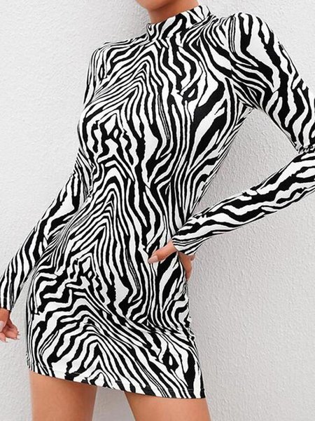 

Stand Collar Slim Fit Zebra Dress, Black, Mini Dresses