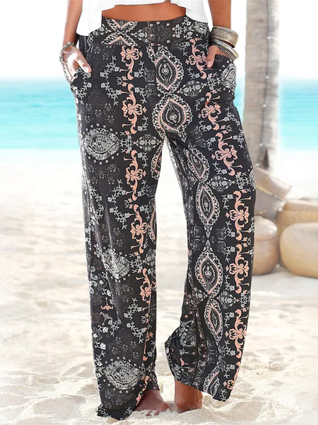 

Vacation Tribal Print Pocket Elastic Waist Casual Loosen Pants, Black, Pants