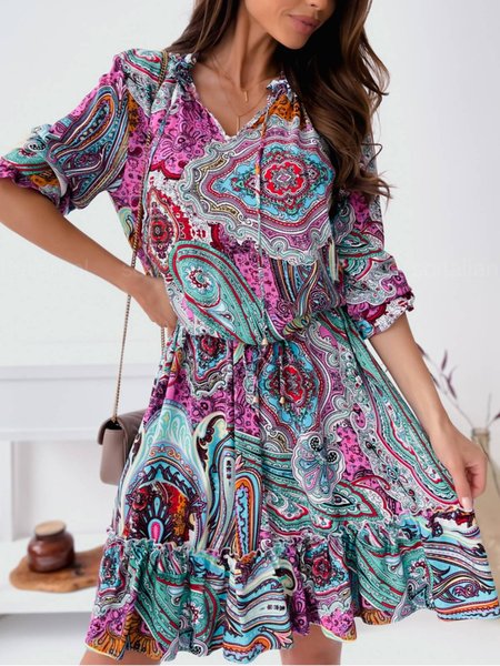

Long Sleeve Tribal Casual V Neck Dresses, Multicolor, Mini Dresses