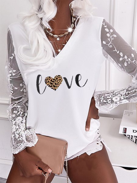 

Lace V Neck Long Sleeve Letter Casual Shirts & Tops, White, T-Shirts